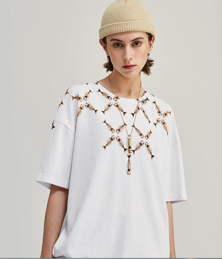 Men's T-shirt fishbone print oversized European and American style