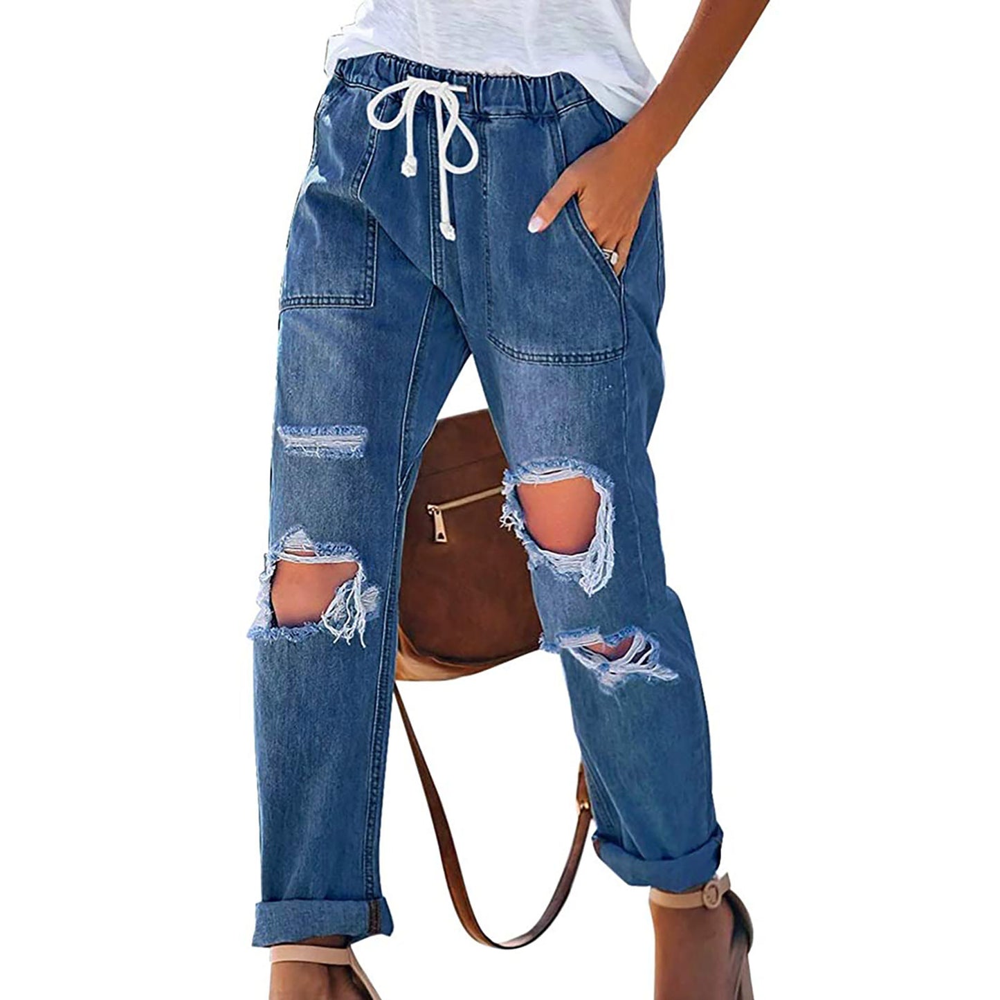 Ripped lace-up white trouser jeans
