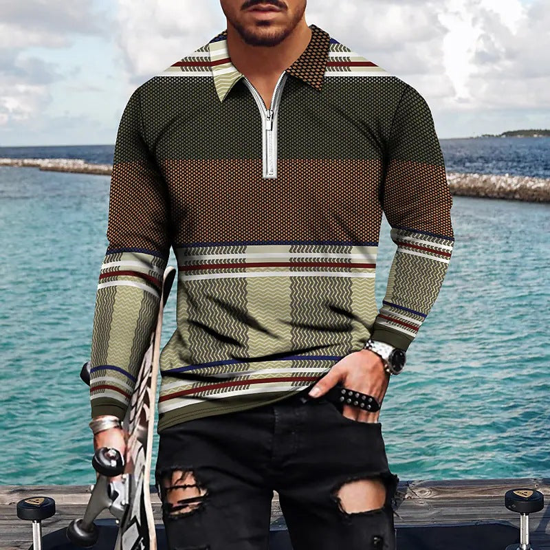 Vintage Print Men's Zip-Up POLO Shirt