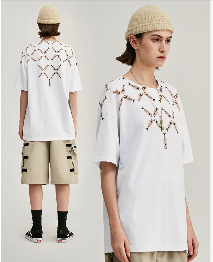 Men's T-shirt fishbone print oversized European and American style