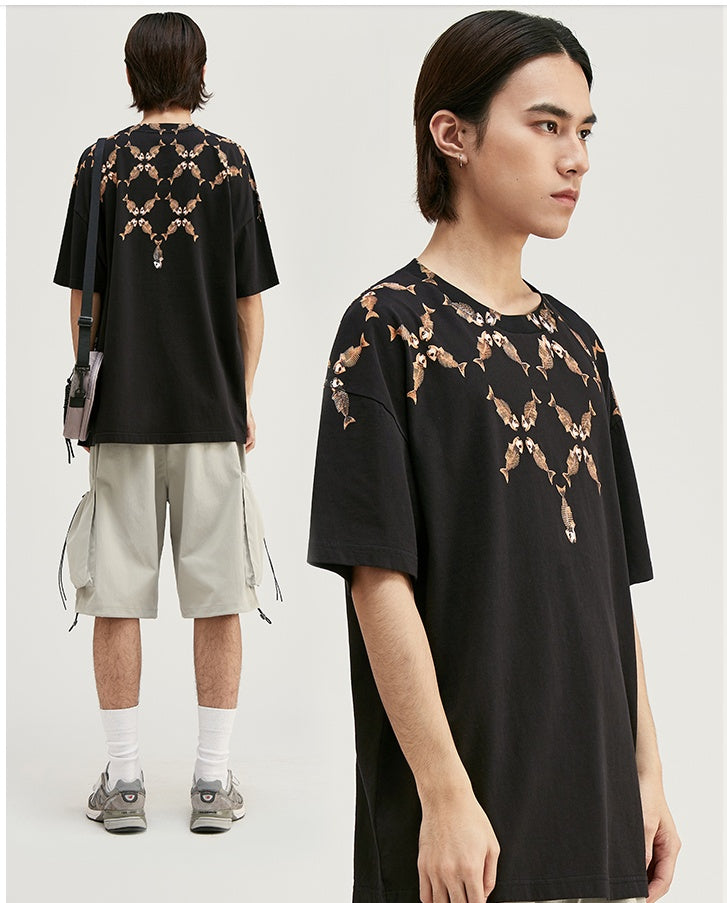 Men's T-shirt fishbone print oversized European and American style