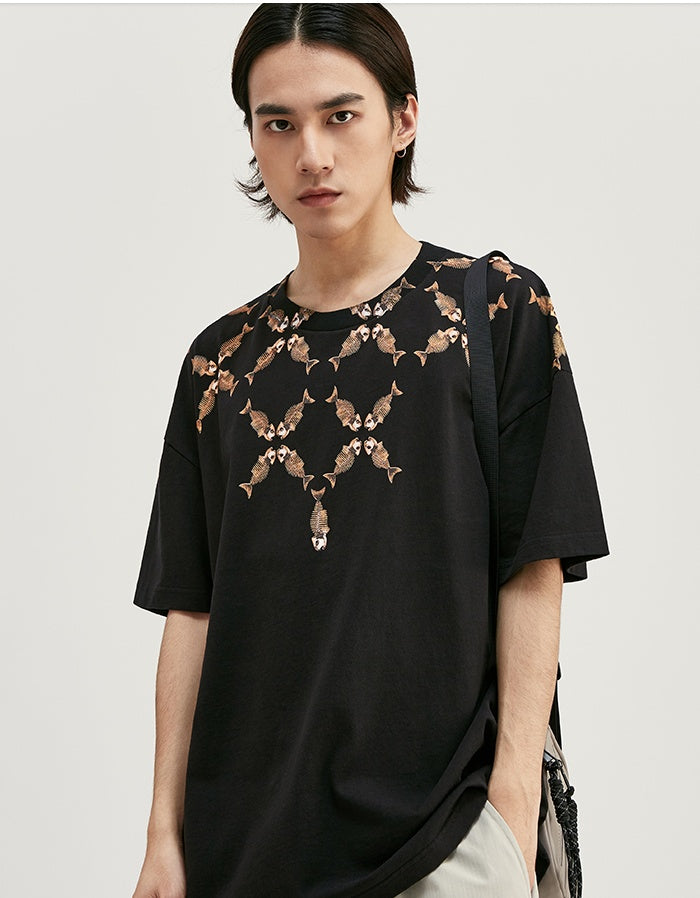 Men's T-shirt fishbone print oversized European and American style