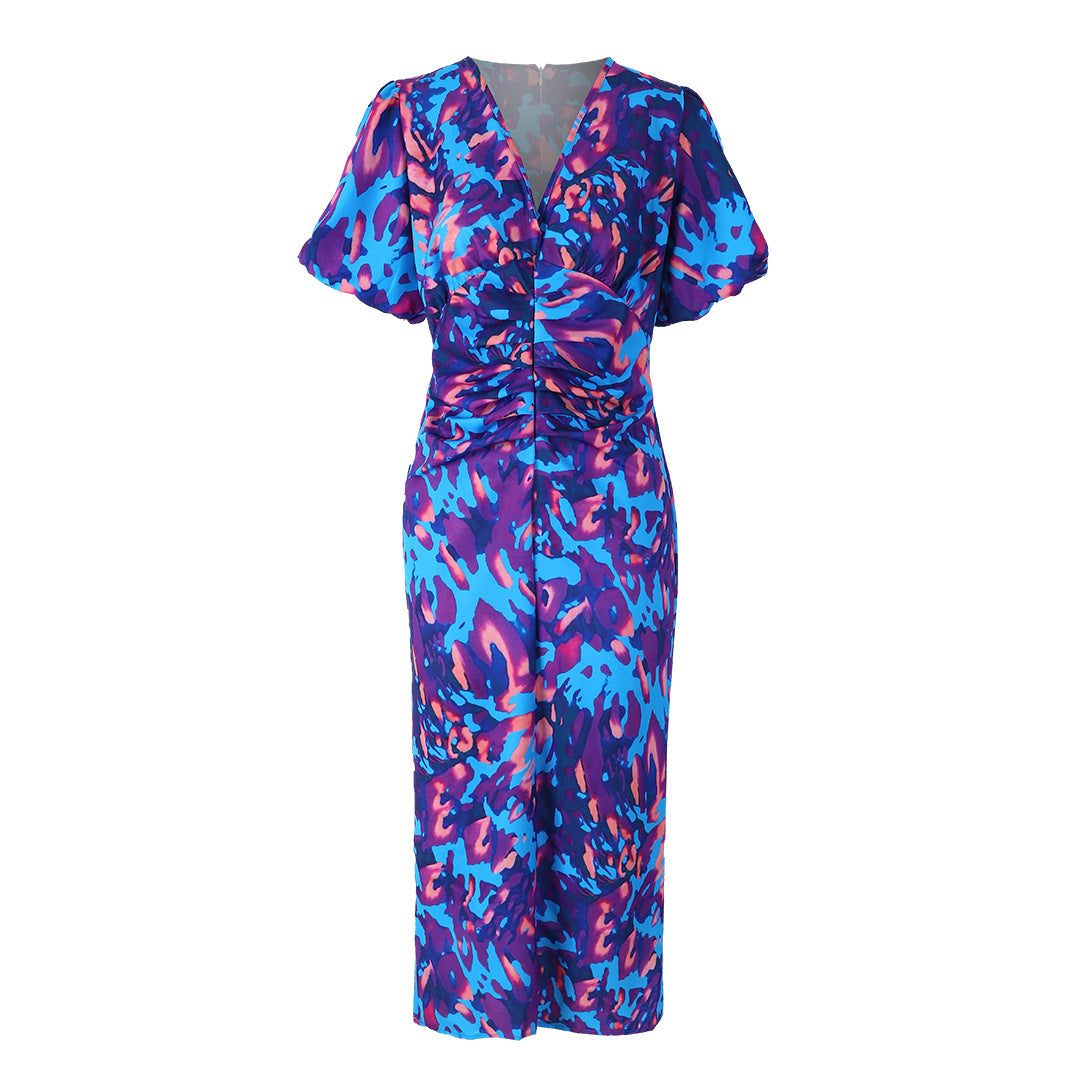 Puffed Short Sleeve Dress Summer Floral Printed V-neck Skinny Dresses
