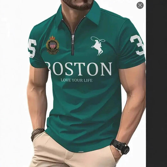 Summer High-End Business Streetwear 3D Digital Print Lapel Mens Zip-Up Polo Shirt