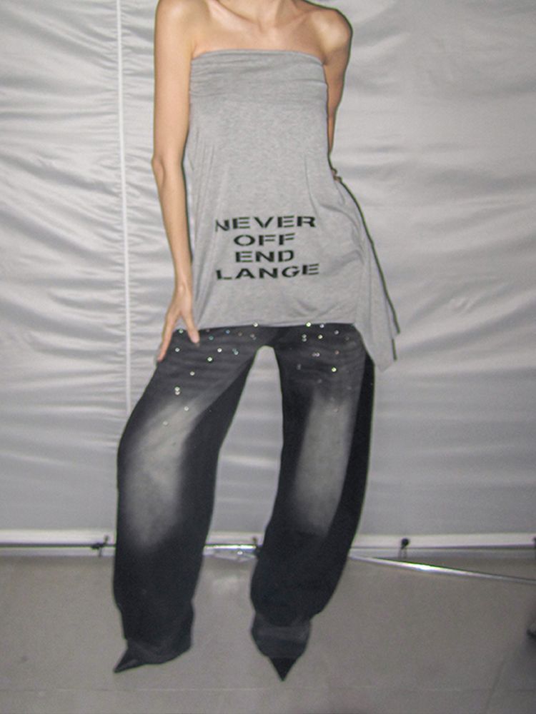 Irregularly Shaped Rhinestone-embellished Patchwork Jeans