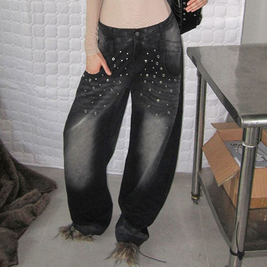 Irregularly Shaped Rhinestone-embellished Patchwork Jeans