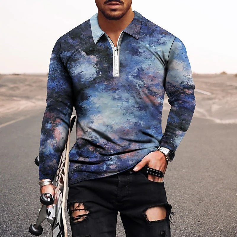Vintage Print Men's Zip-Up POLO Shirt