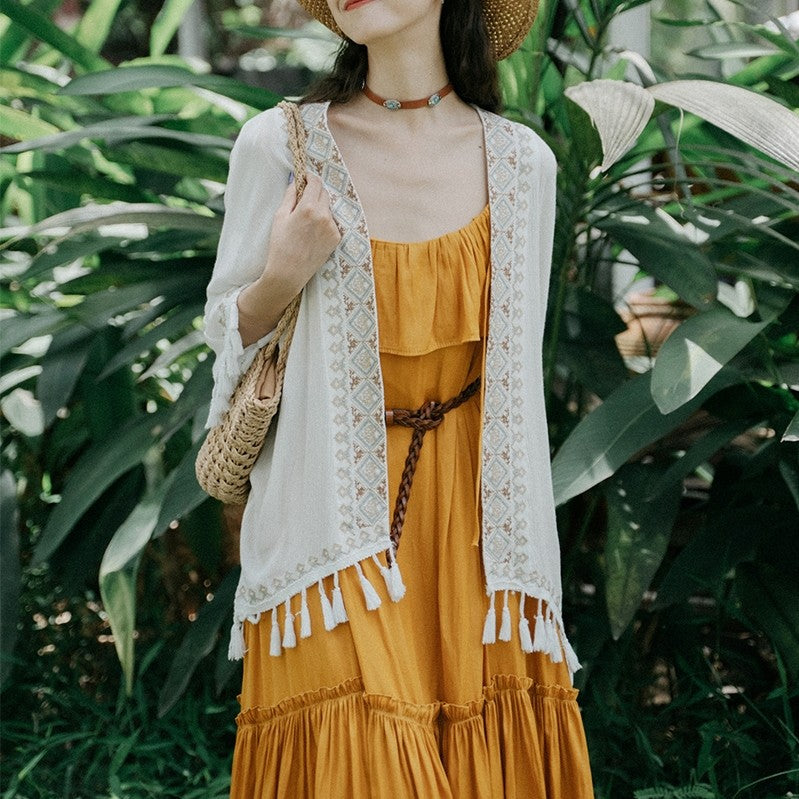 Ethnic Style Embroidered Sun Protection Shirt For Beach Outfits